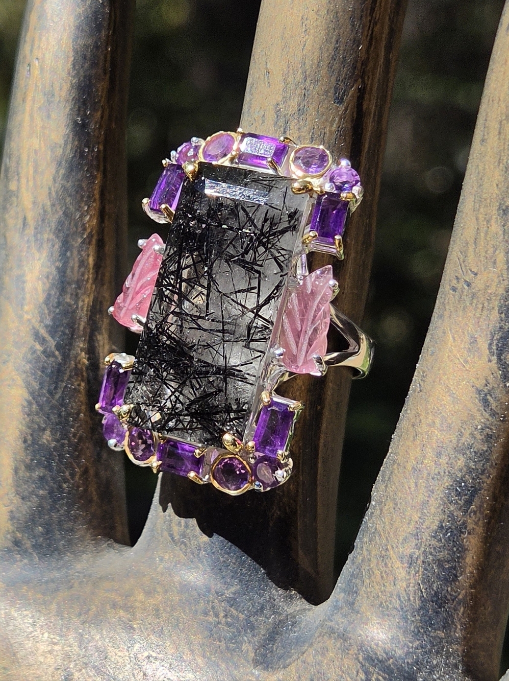 Rutilated 35k Quarts Amethyst & Tourmaline Cocktail Sterling &gold Ring Sz8 - Picture 5 of 8